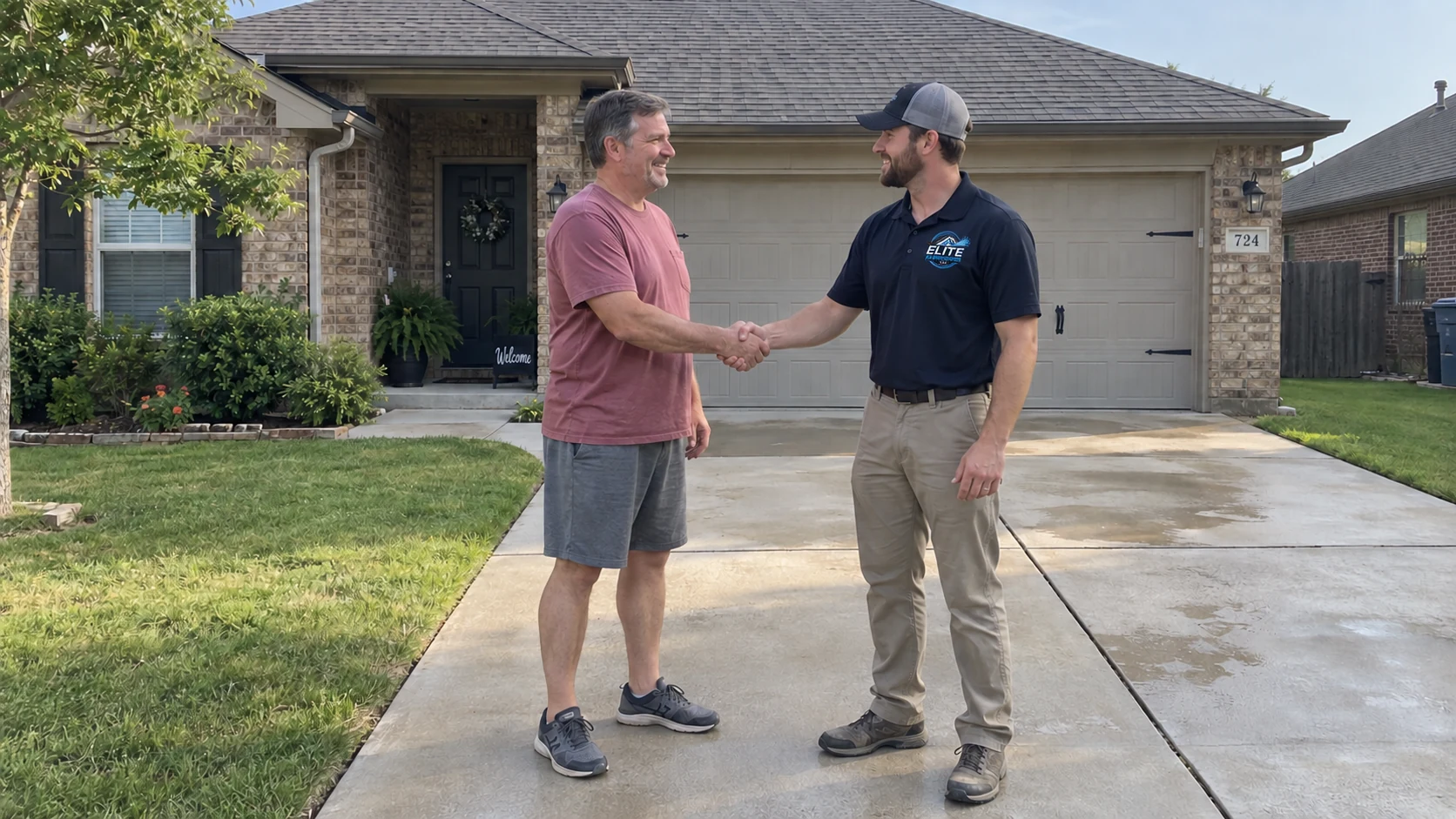 Illustrative residential scene of a technician greeting a homeowner