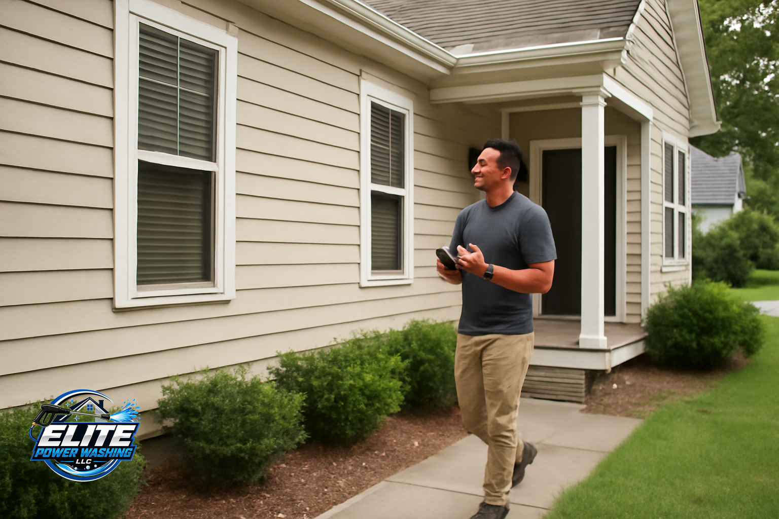 Person inspecting and making notes about the exterior walls of a house before requesting house washing