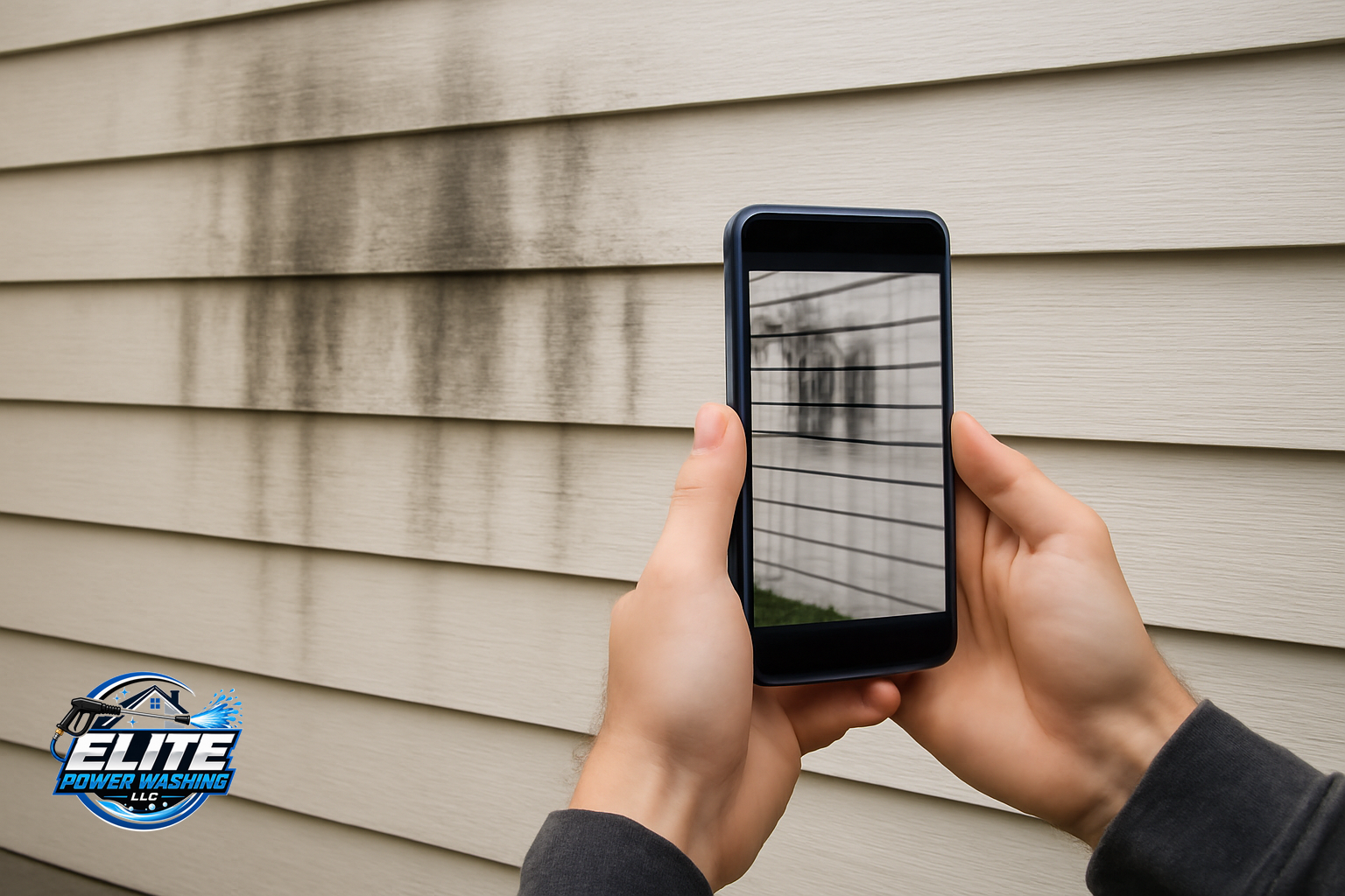 Taking a wide photo of a discolored area on an exterior house wall for a cleaning request