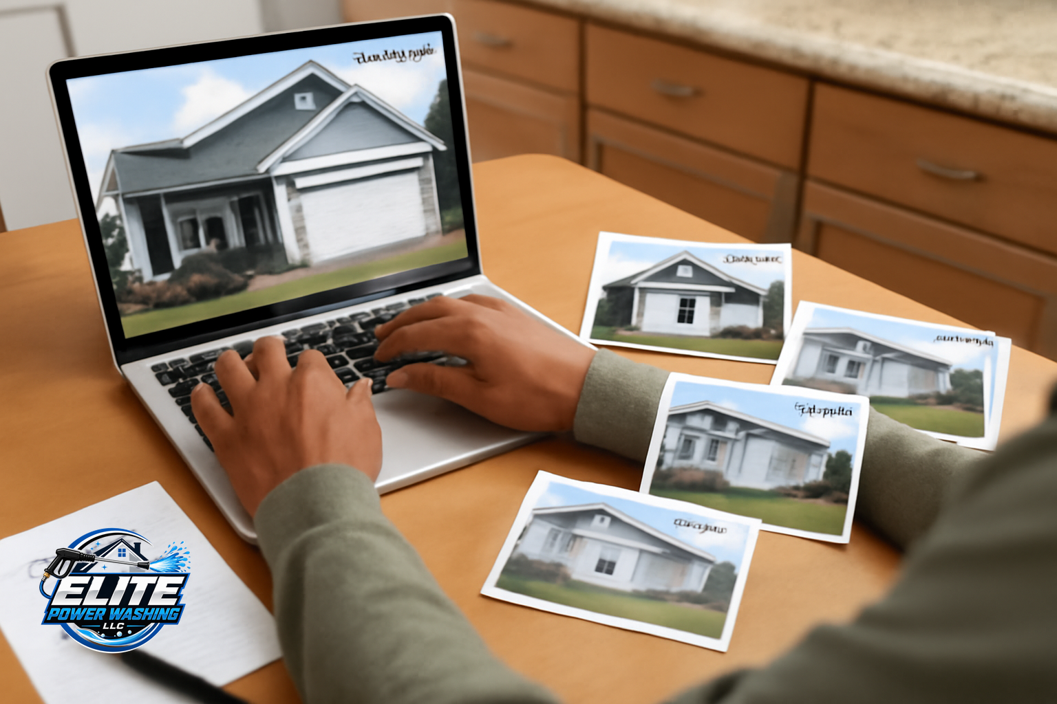 Preparing a house washing request with side-by-side photos and notes on a laptop