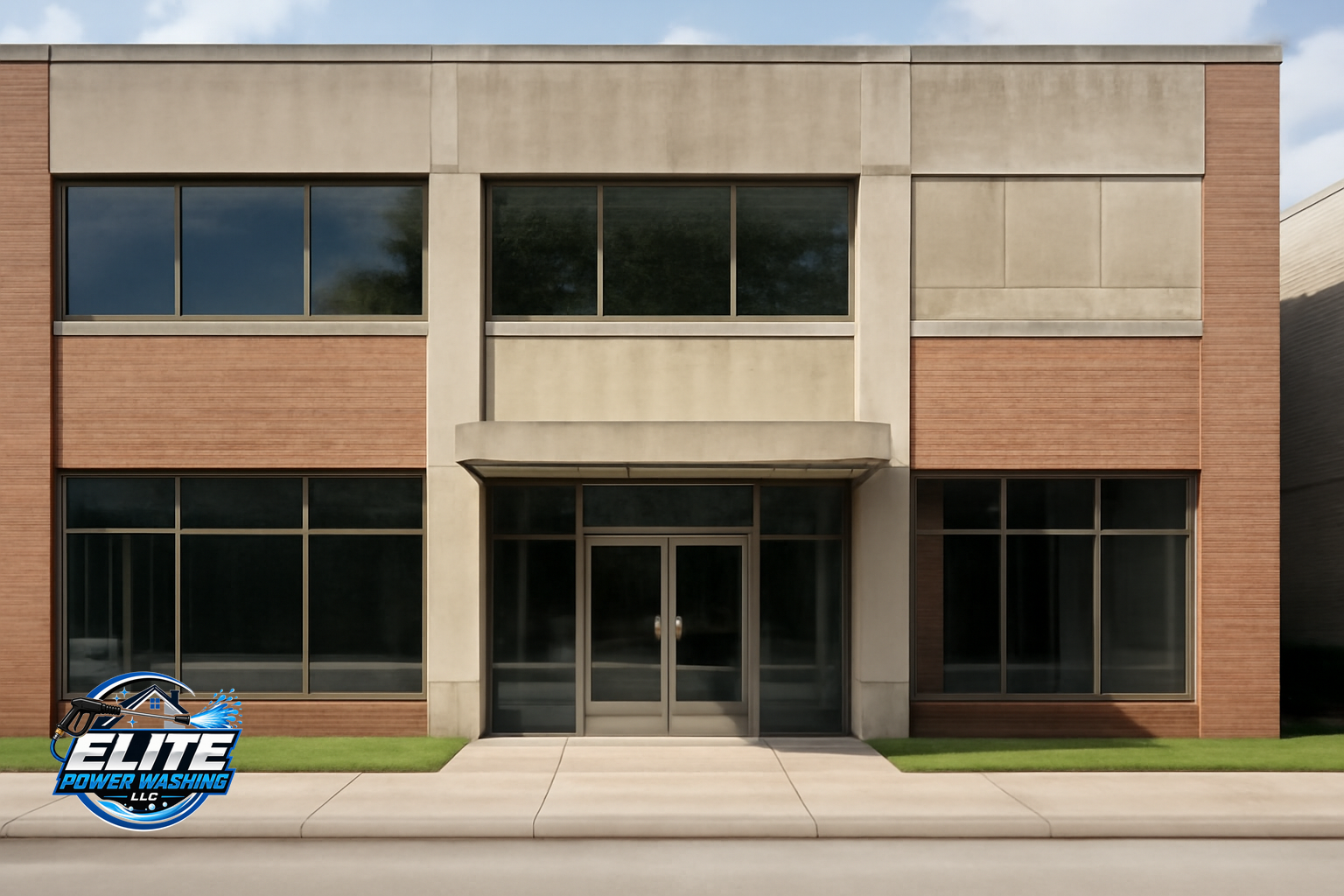 Commercial building exterior with brickwork, windows, entryway, sidewalk and concrete areas visible