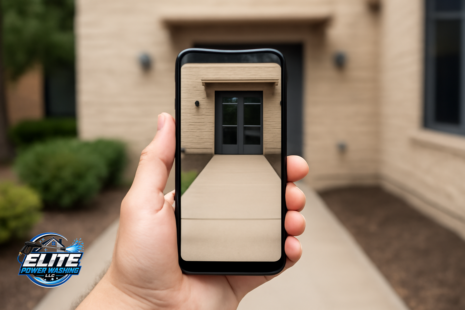 Person holding phone showing a photo of a building entrance and walkway, matching the scene behind it