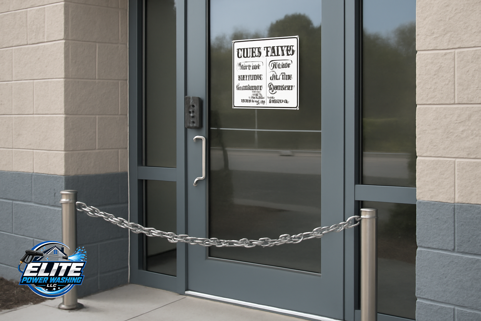 Business doorway with visible keypad, chain across walkway and generic open hours sign