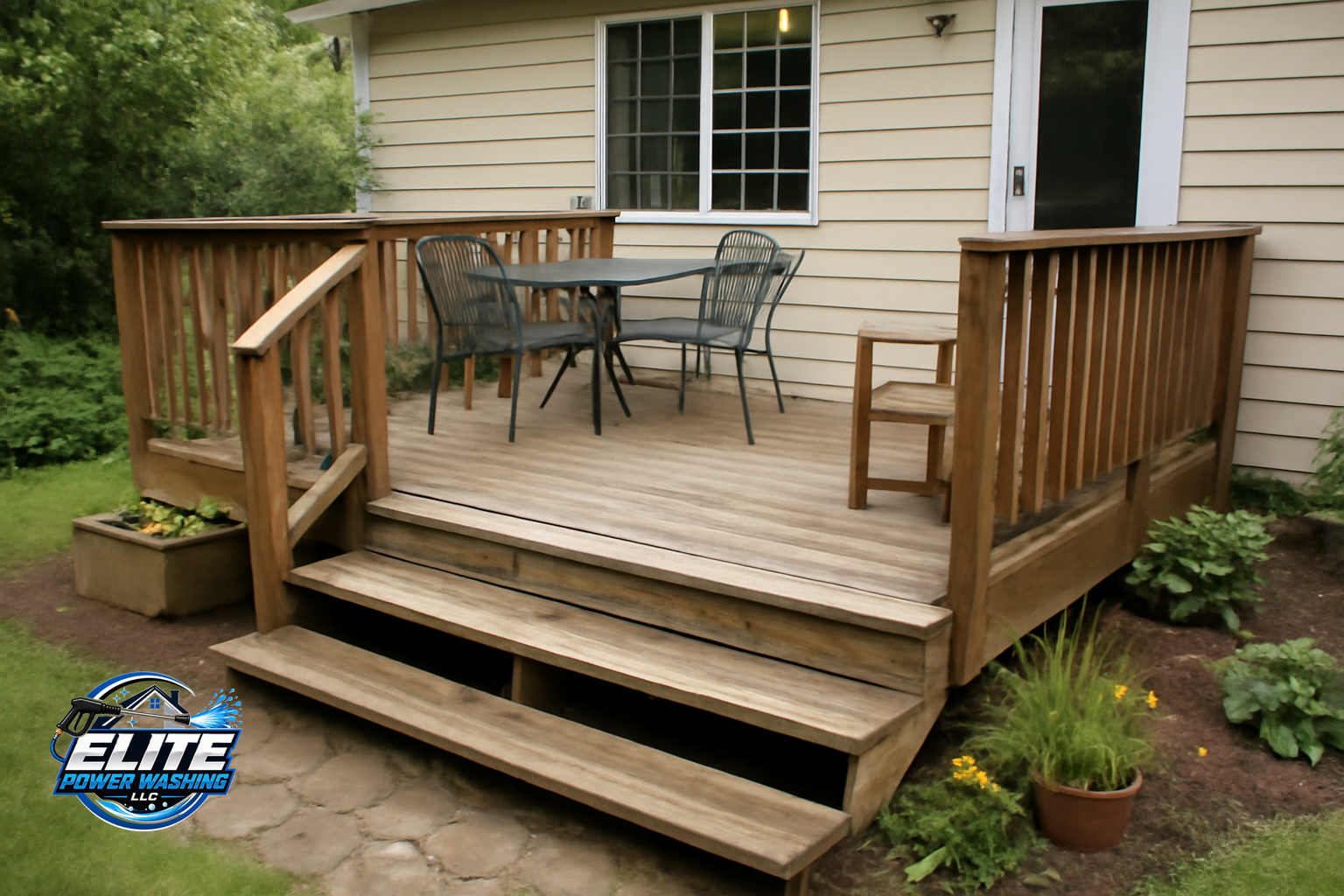Typical backyard wooden deck with steps, railing and some furniture, attached to a residential home.