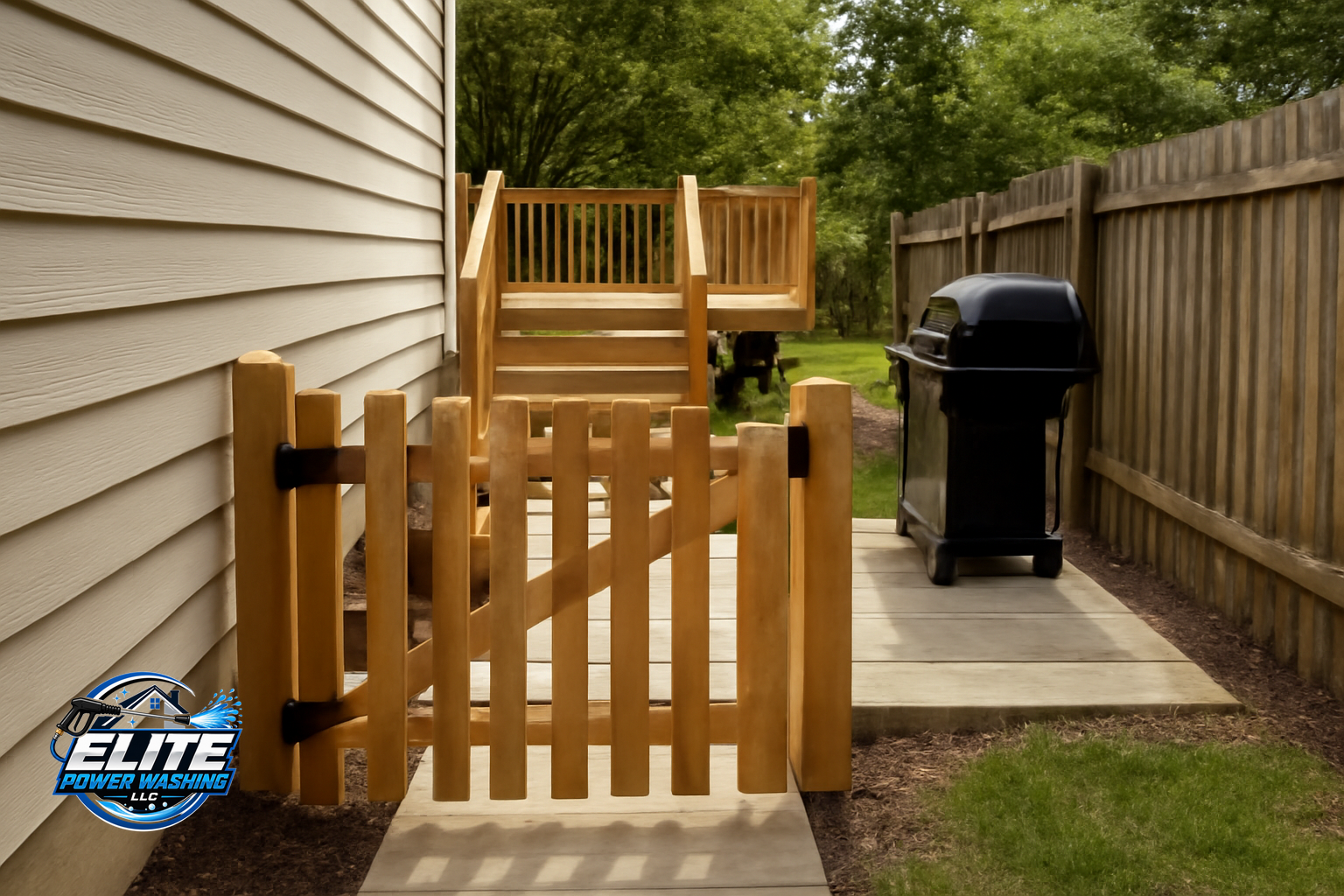 Walkway with a closed gate and items leading to a backyard deck.